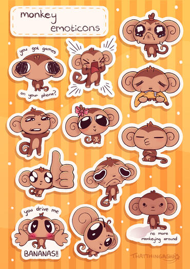 Image shows a sticker sheet containing various monkeys with different expressions and phrases
