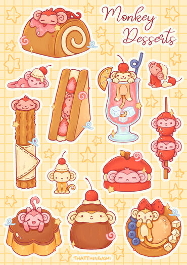 Image shows a sticker sheet with various monkeys hiding in desserts