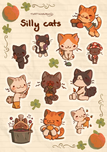 Image shows a sticker sheet containing various cats doing activities