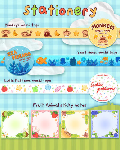 Image shows 3 washi tapes - monkeys, sea friends, cutie patterns - and 4 sticky notes - kiwi cat, strawberry bunny, banana monkey, blueberry dog
