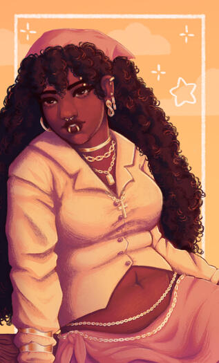 Image shows a warm coloured drawing of a pirate lady with lots of jewellery and long hair.