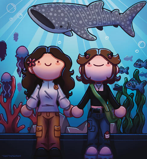 Image shows 2 friends holding hands at the aquarium looking up at a whale shark