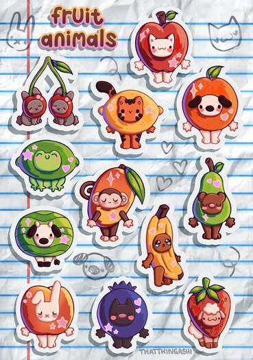 Image shows a sticker sheet of multiple animals dressed as fruits