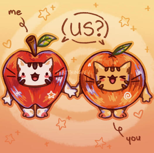 Image shows 2 cats with an apple body and an orange body. Text reads 'me', 'US?', 'you'