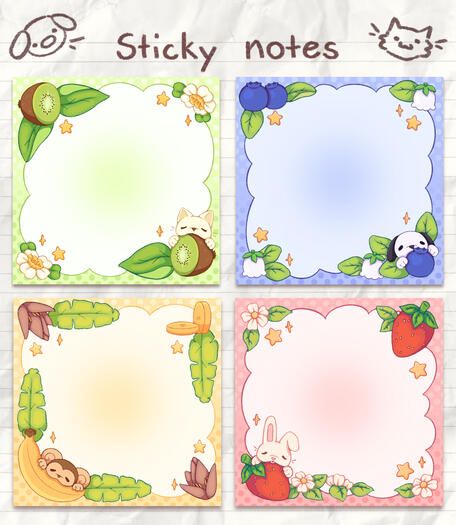 Image shows 4 colour coded sticky notes, each with their own animal and fruit