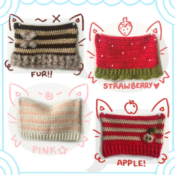 Image shows 4 crochet cat hats