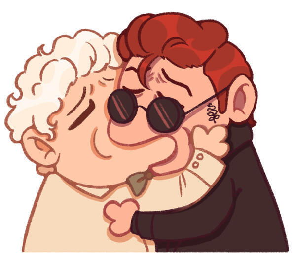 Image shows Crowley and Aziraphale from the show Good Omens kissing
