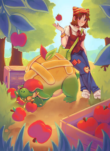 Image shows Pokemon Appletun eating apples with a girl standing beside him