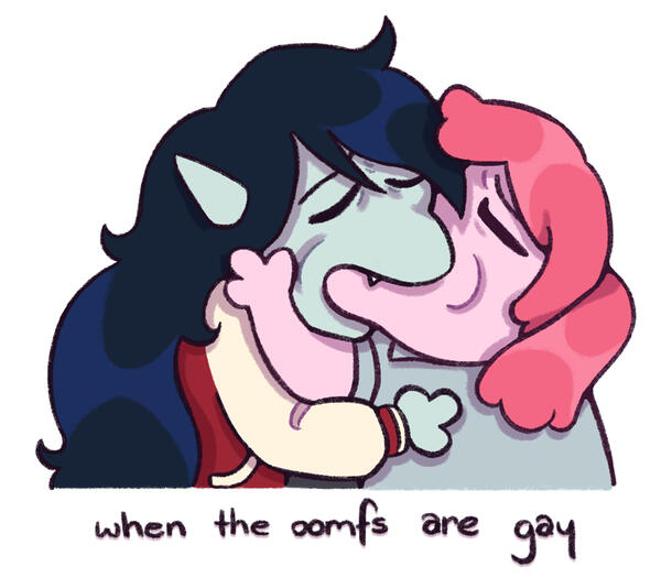 Image shows Princess Bubblegum and Marceline from the show Adventure Time kissing