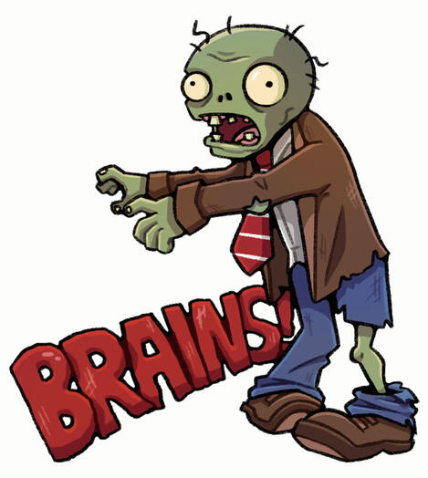 Image shows a zombie from game Plants vs Zombies and text "BRAINS!"
