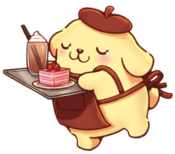 Image shows Sanrio character Pompompurin carrying cafe food on a tray